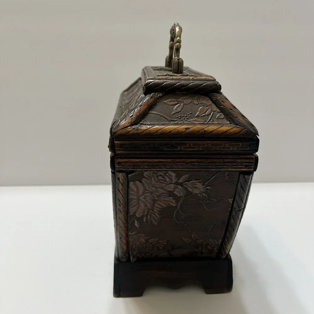 Vintage-Style Wooden Clock/Keepsake Box Hinged Lid Velvet Lined Latch Triangle